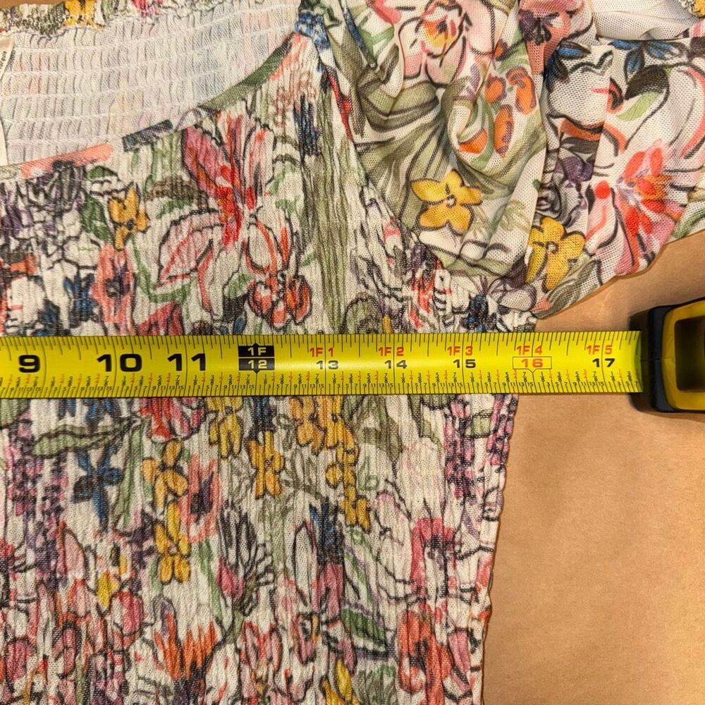 Anthropologie Smocked Floral Puff Sleeve Top Multicolor Size L Stretchy Summer B - Picture 12 of 13